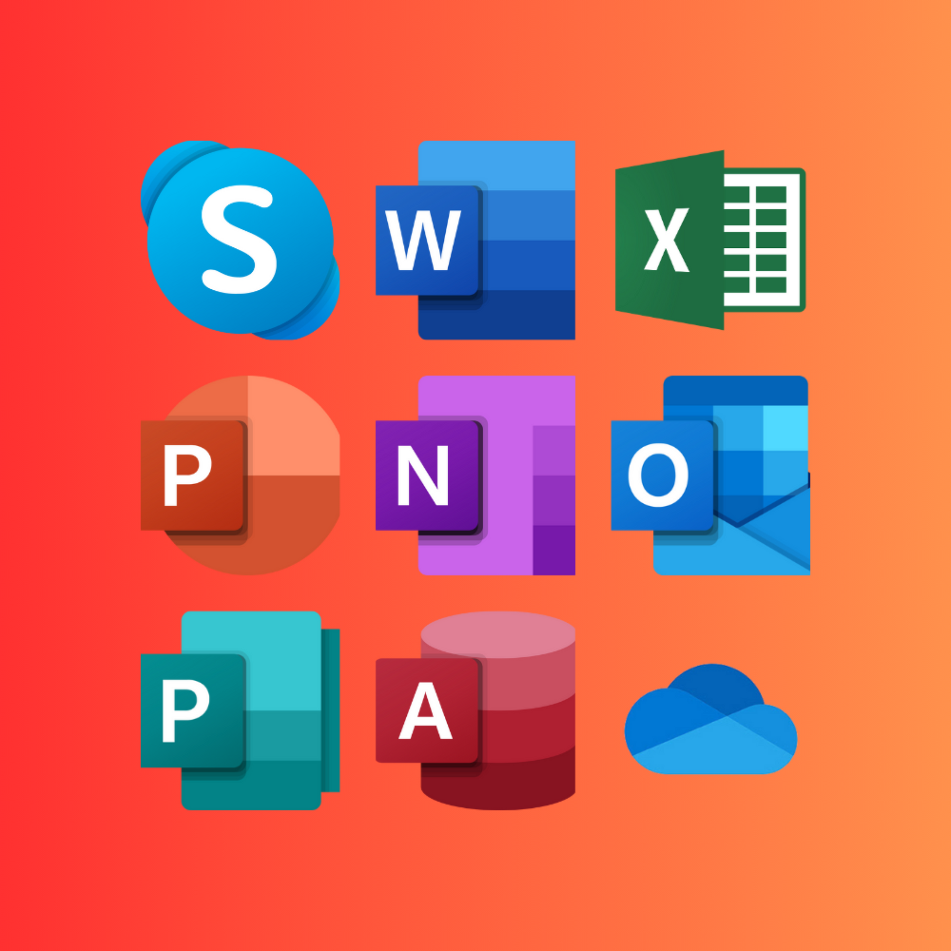 Skype, Word, Excell, PowerPoint, Outlook, Cloud, Teams